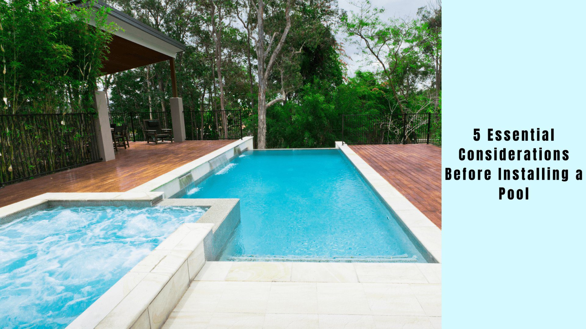 A pool with a spa and a deck in the background.